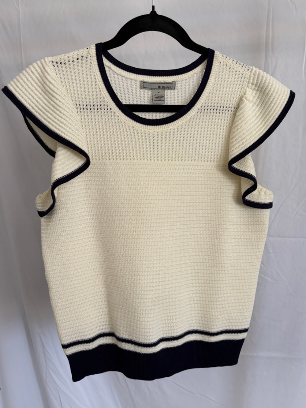 Cream Knit Ruffle Sleeve Sweater with Navy Trim